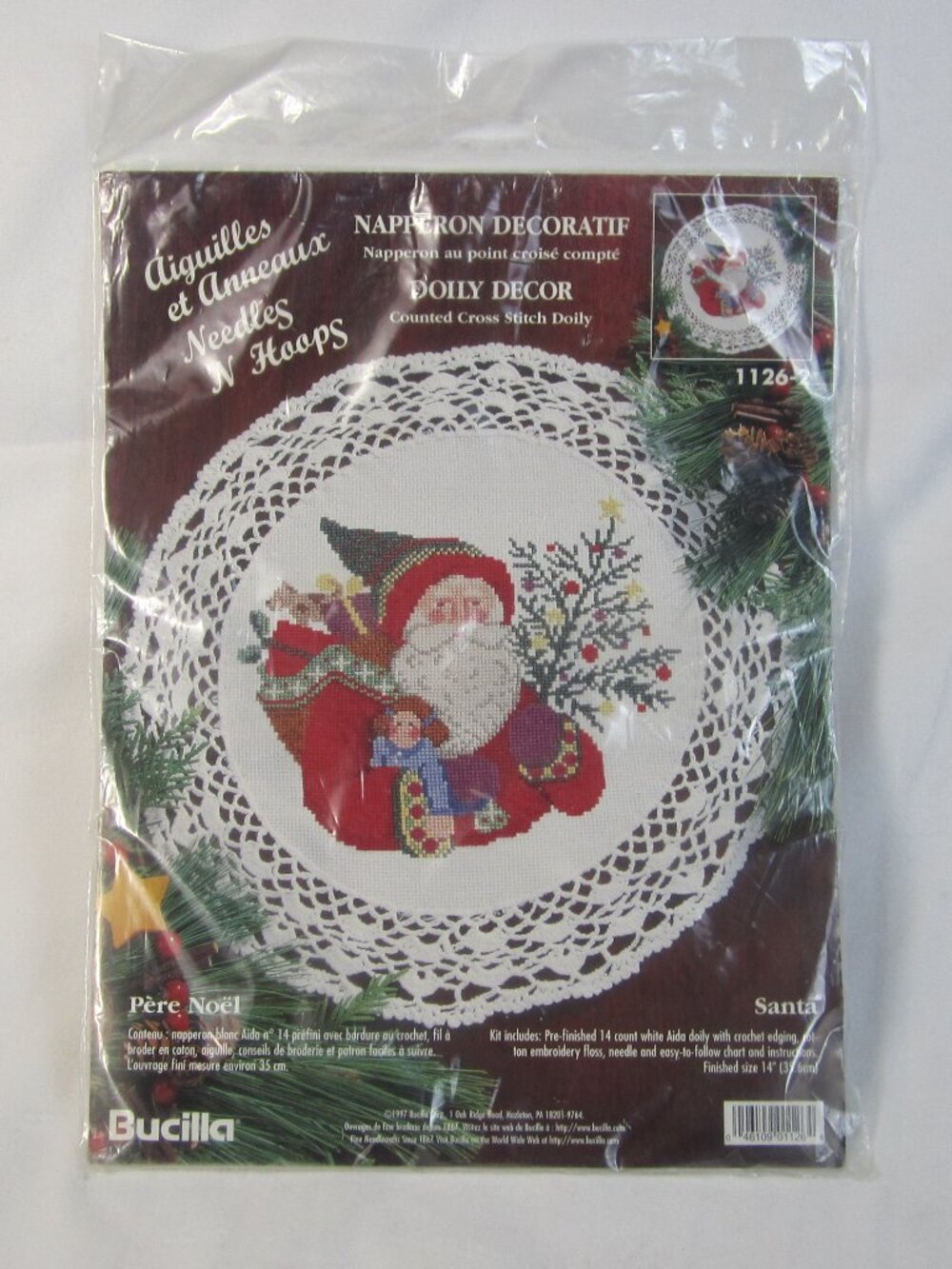 Bucilla Christmas Cross Stich Santa Vintage 1997 Doily Decor - New - Sealed